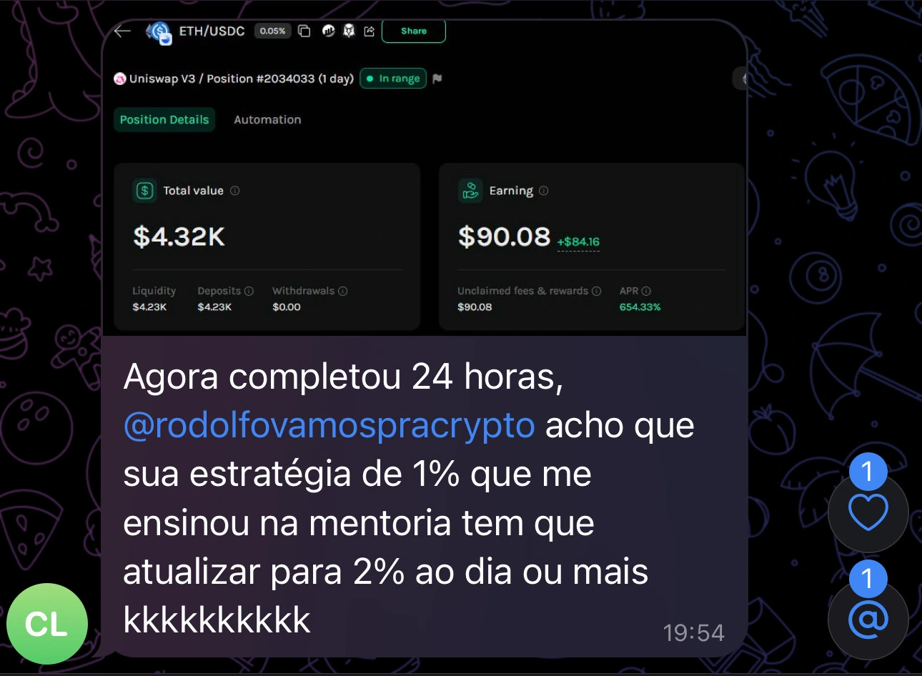 Print real: Aluno compartilha o painel de uma posição e comenta sua experiência após 24 horas.