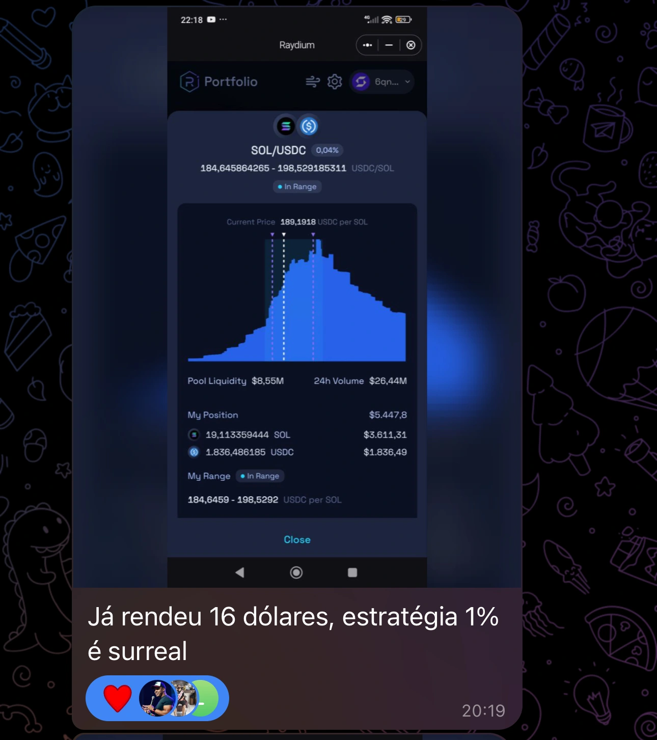 Print real: Aluno compartilha uma posição em SOL/USDC e relata sua experiência com a estratégia.