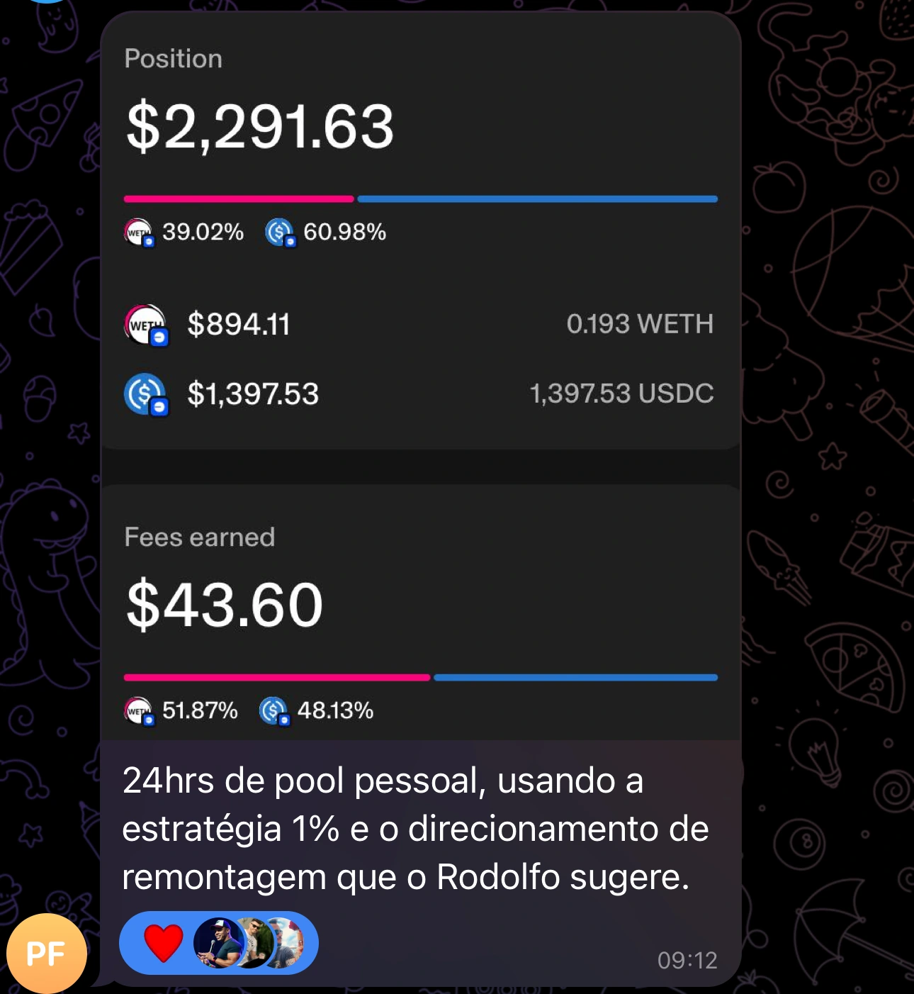Print real: Aluno compartilha uma posição em pool e menciona o direcionamento de remontagem do Rodolfo.
