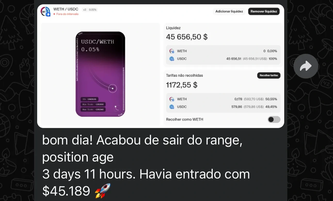 Print real: Aluno acompanha sua pool e relata a saída do range depois de três dias e onze horas.