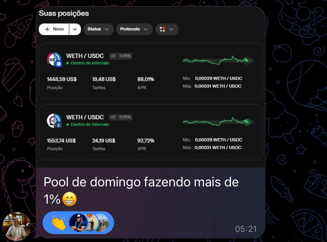 Print real: Aluno compartilha duas posições em WETH/USDC e uma mensagem no grupo da mentoria.