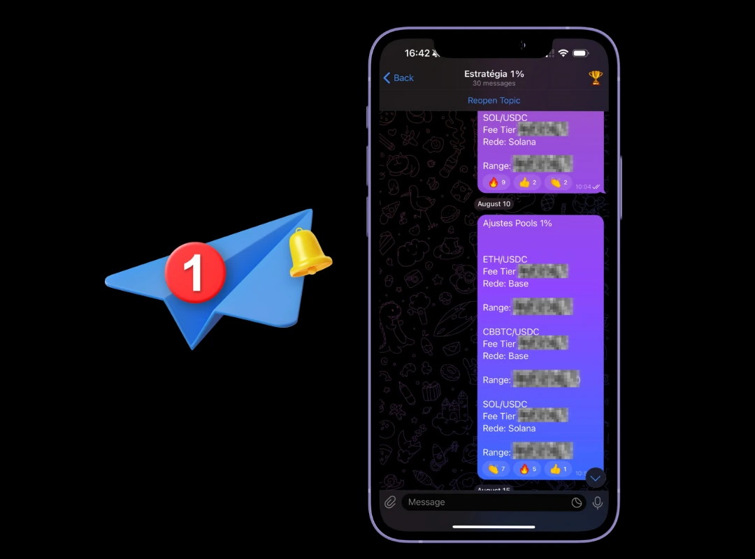 Celular mostrando as mensagens de pares e ranges no grupo da Mentoria 1% no Telegram